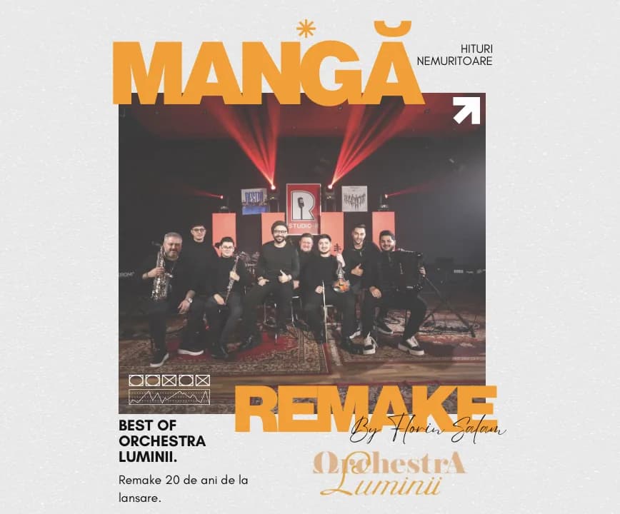 Afiș MANGĂ REMAKE cu cei opt membri Orchestra Luminii în studio, sub lumini roșii, și logo-ul auriu al formației