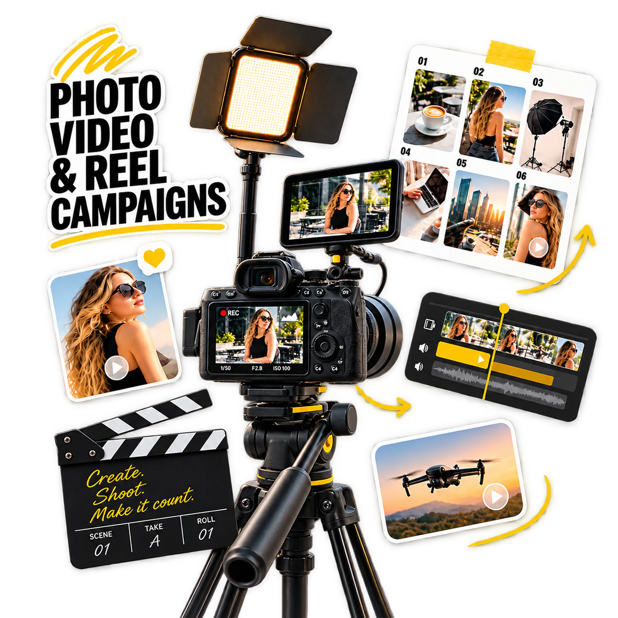 Setup de producție Olexis cu cameră, lumină, monitor și contact sheet