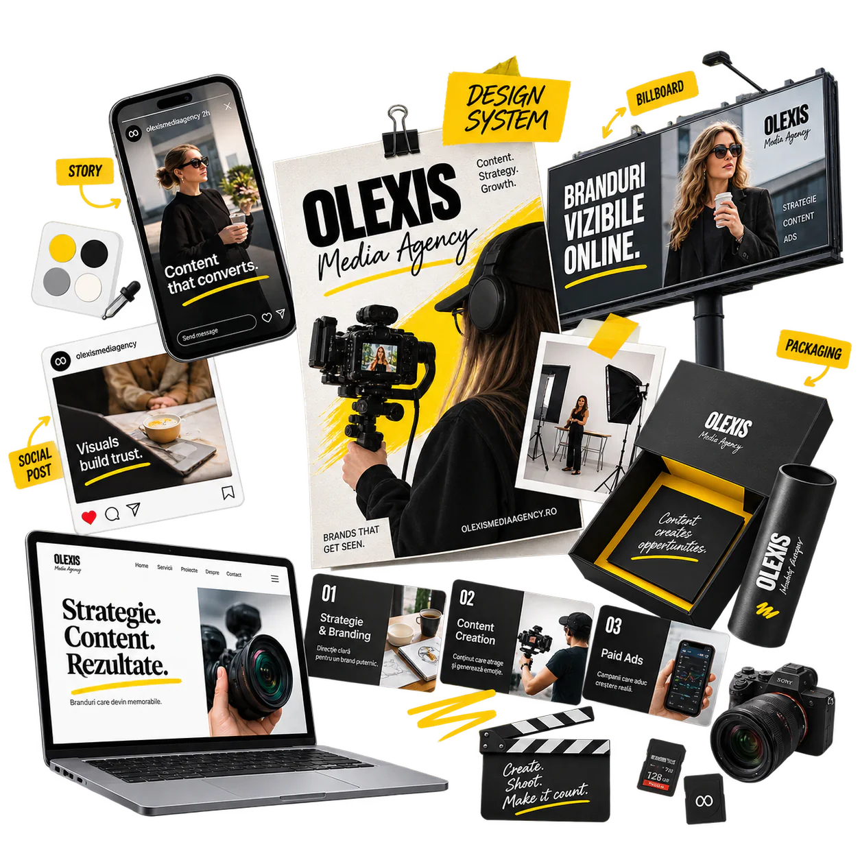Sistem vizual Olexis aplicat în social media, billboard, web și packaging